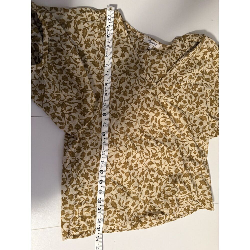 Madewell Floral Puff Sleeve Blouse | V-Neck Cream & Olive Top - Picture 3 of 4